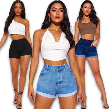 Imagem de Kit 3 Shorts JEANS LISOS Femininos Bermuda Bolsos Casual Elastano Top 