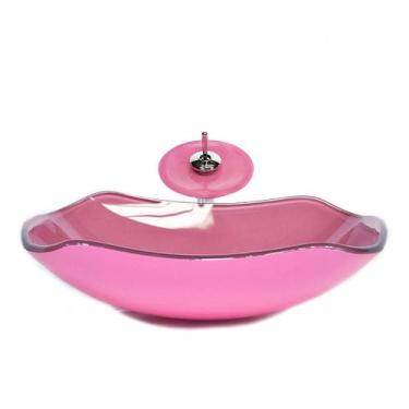 Imagem de Cuba Vidro Abaulada 51Cm Rosa + Válvula + Torneira Cascata - Cubas E G