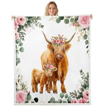 Imagem de jejeloiu Cobertor de lã de ovelha Highland Cow Plush Highland Highland para meninos meninas animal para cama sofá cadeira sala de estar quarto decoração 127 x 152 cm