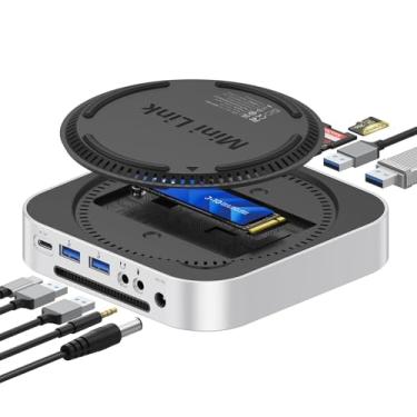 Imagem de ORICO Hub USB MiniLink Mac mini M4 compatível com gabinete SSD NVME/SATA M.2, base de alumínio 9 em 1, 2 × USB A 10 Gbps, 2 × USB A 2.0, leitores de cartão SD/TF 3.0, conectores de fone de ouvido e