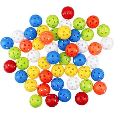 Imagem de KOFULL Bola de treino de golfe colorida, pacote com 50, 42 mm, vazada, bolas de treinamento de golfe esportivas, fluxo de ar de plástico, boa para seus animais de estimação (multicolorido)