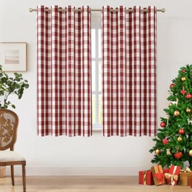 Imagem de Amzdecor Cortinas xadrez Buffalo com ilhós de 153 cm de comprimento, cortina semitransparente texturizada com filtro de luz vermelha bordô para sala de estar, quarto, fazenda, 2 painéis (132 cm x 160