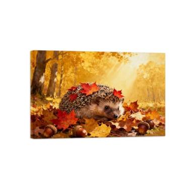 Imagem de Quadro parede outono-Ouriço folhas caídas Impressões em tela paisagens-Pintura animais para decoração sala estar 20x30cm Tela Embrulhada
