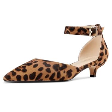 Imagem de Aachcol Sandália feminina de salto baixo com tira no tornozelo, bico fino, sapatos sociais, festa, escritório, casamento, 3,8 cm, Camurça leopar, 35