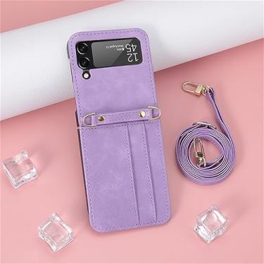 Imagem de Estojo de couro com slot para cartão integrado com cordão para Samsung Galaxy Z Flip 3 4 5 Flip5 Capa protetora para telefone, roxa, para Samsung Z flip4