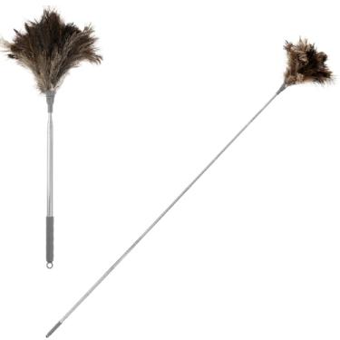 Imagem de Espanador extensível de penas de avestruz de 55,88 cm a 190,5 cm de altura ajustável com cabo de plástico, ferramenta de remoção de poeira doméstica retrátil para limpeza de móveis, ventilador de teto