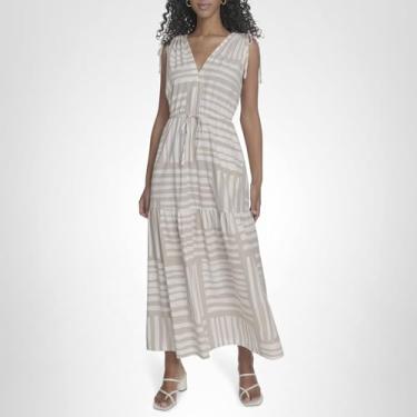 Imagem de Calvin Klein Vestido feminino casual autoamarrado para clima quente, Cáqui/creme, 44