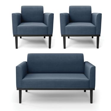 Imagem de Sofá Namoradeira Com 2 Poltronas Base De Madeira Fixa Preto Marisa Suede Azul Marinho D03 - D'Rossi