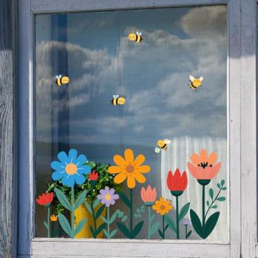 Imagem de 1 folha grande linda flor janela adesivos desenhos animados abelha floral primavera janela decalques, adesivos coloridos dupla face para vidro verão decoração de férias para casa, escritório, sala