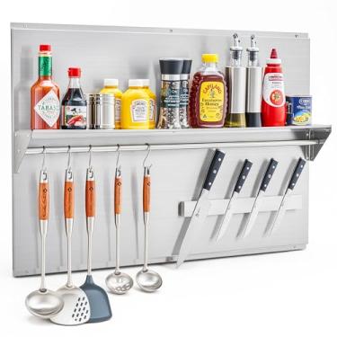 Imagem de Wilprep Backsplash de fogão de aço inoxidável, exaustor de 91 cm x 61 cm com prateleira de armazenamento, suporte magnético para facas com furos pré-perfurados, fundo de aço inoxidável para exaustor