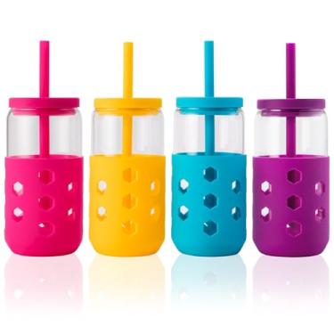 Imagem de Mrsdry Copos de vidro com tampas e canudos de silicone (4 peças), conjunto de copos de 473 ml com mangas de silicone para acessórios de cafeteria, xícaras de café geladas com tampas, copo de vidro