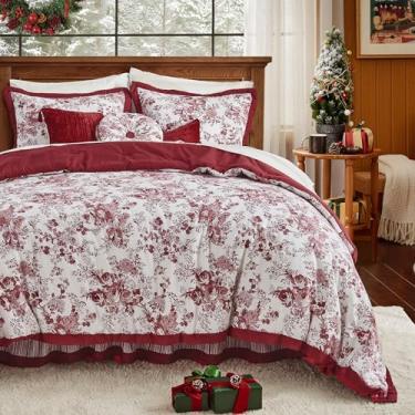 Imagem de Wonderful Conjunto de edredom queen de algodão, 5 peças, floral, vermelho, com fronhas, saia para cama e travesseiro decorativo, leve em uma bolsa para todas as estações