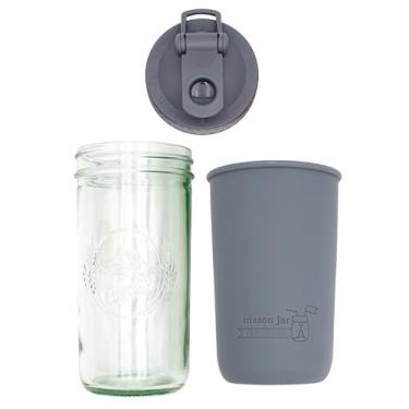 Imagem de Mason Jar Lifestyle Garrafa de água de boca larga de 680 g e frasco de vidro para viagem com manga de silicone e tampa de agitação (cinza carvão)