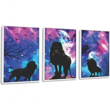 Imagem de Quadro Decorativo Leão Com Fundo Colorido Com Moldura Branco