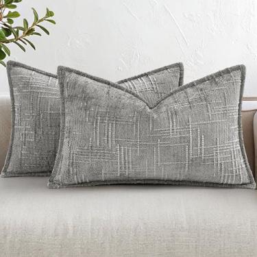 Imagem de decorUhome Conjunto de 2 capas de almofada de chenille, 30,5 x 50,8 cm, espessas, texturizadas, neutras, decorativas com design elegante para sofá, sala de estar, cinza neutro
