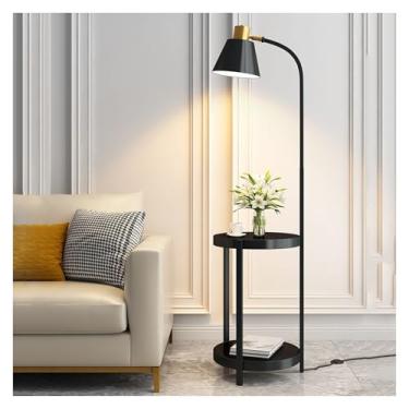 Imagem de Luminária de chão Candeeiro de pé com prateleiras, candeeiros modernos meados do século, candeeiro mesa lateral rústico para quarto e sala estar(Preto)