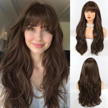 Imagem de Peruca HAIRCUBE, longa, marrom escuro com franja, cabelo encaracolado 