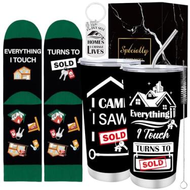 Imagem de Keluna Presentes de corretor de imóveis para homens e mulheres - Conjunto de 3 peças de presentes de agente imobiliário, copo de 590 ml com canudo de tampa, meias, chaveiro, presentes engraçados de