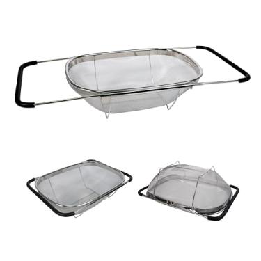 Imagem de YENXIKU Escorredor expansível sobre a pia – cesto de filtro de malha fina dobrável com aderência de silicone extensível antiderrapante, acessórios de cozinha de aço inoxidável para enxaguar macarrão