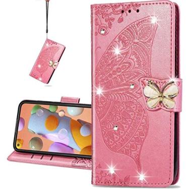 Imagem de MEMAXELUS Capa flip para Samsung Galaxy A25 5G, carteira de couro PU de borboleta de cristal para mulheres com suporte magnético para cartão de crédito para Samsung Galaxy A25 5G Bling Butterfly Pink