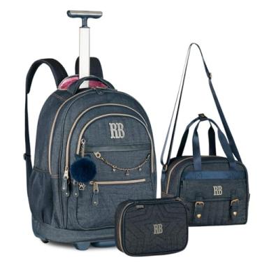 Imagem de Kit Mochila de Costas e Rodas Estojo Box e Lancheira Transversal Jeans Vintage Rebeca Bonbon Escolar Trabalho Faculdade