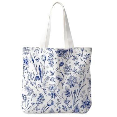 Imagem de Yomisex Sacola de lona floral chinoiserie azul e branca, Toile de Jouy Cottagecore Flower Botanical Tote Bag para mulheres, vintage flores silvestres estética reutilizável compras compras sacolas de