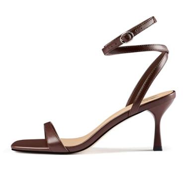 Imagem de MIRAAZZURRA Sandálias de salto gatinho, bico quadrado, tiras abertas, cadarço, salto médio, tira no tornozelo para festa de casamento diária, Chocolate, 40