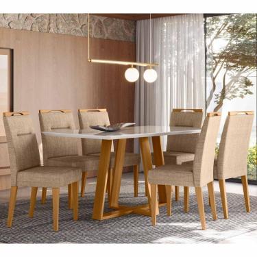 Imagem de Conjunto Sala De Jantar Mesa 1,60m Com 6 Cadeiras Lectus Ypê/off White/ln05 - New Ceval 