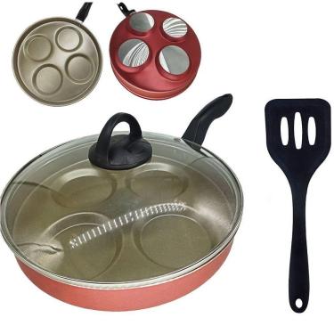 Imagem de Frigideira 26 Cm 4 Ovos Hambúrguer Tampa De Vidro E Espátula Antiaderente