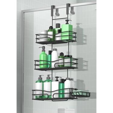 Imagem de DAOYA Organizador de chuveiro ajustável de 3 camadas com suporte de sabonete, prateleiras de banheiro à prova de ferrugem penduradas na porta de vidro do banheiro, preto fosco