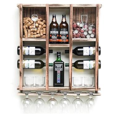Imagem de Barzinho Adega de Madeira Maciça para 7 Garrafas com Porta Rolhas, Tampinhas e Taças - Rústico