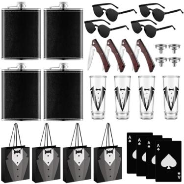 Imagem de Tioncy 24 peças de presente de padrinhos 4 canivetes gravados, 4 sacos de presente para padrinhos, 4 copos de shot com smoking, garrafa de aço inoxidável de 118 ml, 4 abridores de garrafa de cartão de