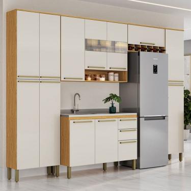 Imagem de Armário de Cozinha Modulada com Balcão para Pia 13 Portas 2 Gavetas Xangai 100% Mdf com Vidro Reflecta Amêndoa/Off White - Pnr Móveis