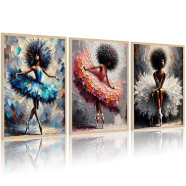 Imagem de RERNIE 3 peças de arte de parede em tela de bailarina preta moderna pintura africana menina bailarina galeria impressão textura pôster arte galeria sala de estar quarto decoração 30,5 x 40,6 cm sem