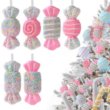 Imagem de 6 peças de enfeites grandes de árvore de Natal 15,24 cm doce terra redemoinho de espuma de pirulito enfeite de pendurar rosa pingentes de árvore de Natal para Natal, festa de aniversário, casamento