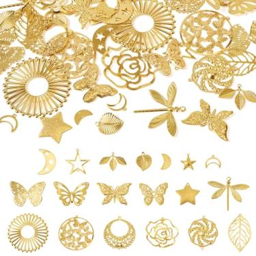 Imagem de Spritewelry Berloques dourados de filigrana oca, flor, folha, inseto, borboleta, lua, estrela, pingentes finos sortidos, prata, filigrana, enfeites de metal para fazer joias, brincos, colar