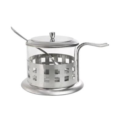 Imagem de Açucareiro Vidro Inox Prata 200ml Luxo com Tampa Colher Removível Porta Açúcar Café Chá Sobremesa Mesa