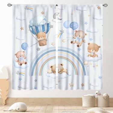 Imagem de TKUYO Cortinas de urso para quarto de crianças, bebês, meninos, meninas, fofas, urso, nuvem, boêmio, arco-íris, azul pastel, cortinas de janela, tratamentos para sala de estar, quarto, berçário, sala