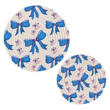Imagem de Wassud Trivet de arcos de bolinhas azuis para pratos quentes, suportes redondos de algodão, almofadas quentes, porta-copos elegantes, decoração de cozinha e acessórios, 2 peças