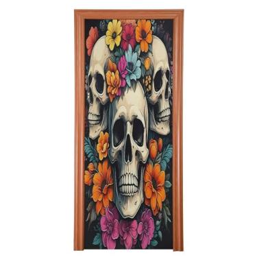 Imagem de Qilmy Decoração de capa de porta 89 x 200 cm tecido grande placa de decoração de festa de Halloween para porta da frente flores e plantas caveira varanda decoração externa janela parede 335