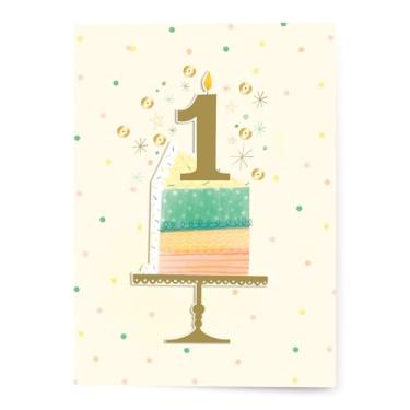 Imagem de Designer Greetings Cartão de 1º aniversário para crianças de um ano – Aniversário de um ano, design de bolo fofo com vela número um e envelope branco