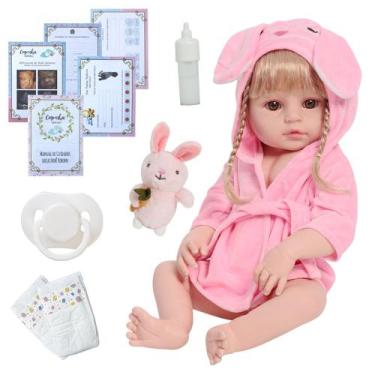 Imagem de Bebe Reborn 100% Silicone Loira Roupão Coelhinho + Itens - Cegonha Reb
