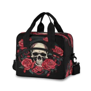 Imagem de Burbuja Lancheira térmica com caveira com rosas para mulheres e homens, lancheira portátil com alça de ombro removível, lancheira para viagem, piquenique, escritório, trabalho