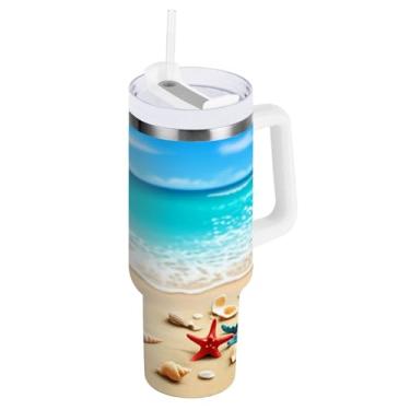 Imagem de Kigai Copo térmico de 1,134 g com alça, estrela do mar e conchas de praia com tampa e canudo, garrafa de água esportiva de metal grande, caneca de café de viagem de aço inoxidável