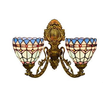 Imagem de Luminária de parede estilo Tiffany azul mediterrâneo com 2 braços, vitral vintage com iluminação para cima e para baixo, ideal para quarto, sala de estar, corredor e varanda, 15 cm