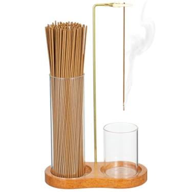 Imagem de Suporte de incenso de madeira com apanhador de cinzas de vidro destacável, queimador anticinzas 2 em 1 para palitos com base de armazenamento, meditação de madeira, ioga, spa, decoração de quarto