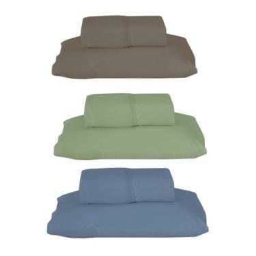Imagem de Kit 3 Jogos de Lençol Solteiro com Elástico, 188x88x30cm, 80% Algodão 20% Poliéster, Percal 180 Fios, Cores Variadas, Inclui 3 Lençóis e 3 Fronhas (Cor: Marrom/Verde/Azul)