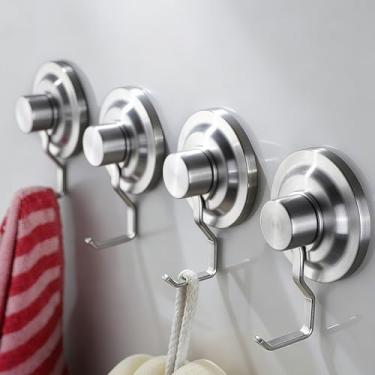 Imagem de Ganchos de ventosa para chuveiro, ganchos de toalha de banheiro sem perfuração, gancho de chuveiro de aço inoxidável para pendurar bucha, roupão, casaco, prata (pacote com 4)