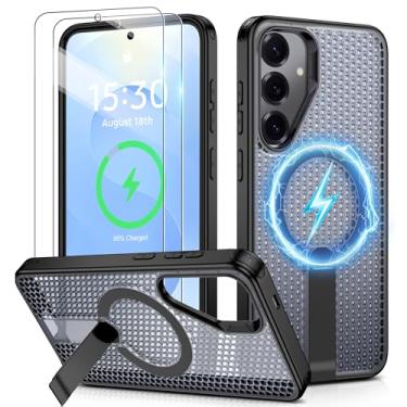 Imagem de Jshru Para Samsung Galaxy S25/S24 Cas com [2 peças] películas de tela HD, compatível com MagSafe [proteção contra quedas de grau militar], capa fina translúcida com suporte invisível para S25, preta