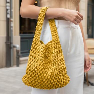 Imagem de Bolsa balde de malha para mulheres, bolsa de mão de crochê de corda de algodão, bolsa de praia para uso diário e passeios, Gengibre